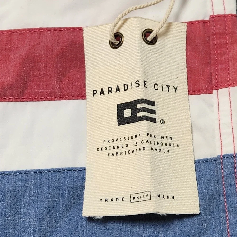 Paradise City Mens Board Shorts Red White Blue Stripe Size 38 Swim Trunks